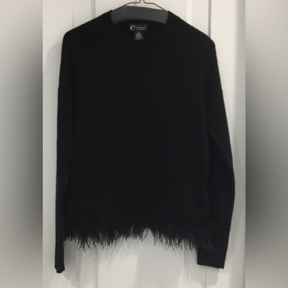 C by Bloomingdale’s  Ostrich Feather Trim Sweater, Black, Size XS